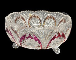 BOHEMIAN CZECH RUBY HOBSTAR AND FAN PRESSED GLASS CRYSTAL FOOTED BOWL