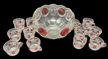 RUBY MOON AND STAR PUNCH BOWL WITH 12 CUPS