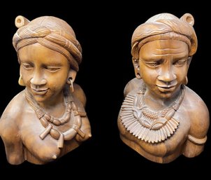 2 BEAUTIFUL VINTAGE HAND CARVED WOODEN BUST OF AFRICAN TRIBAL WOMEN