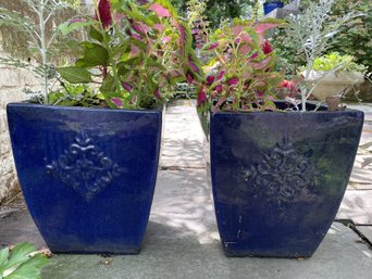 PAIR OF BLUE RECTANGULAR PLANTERS