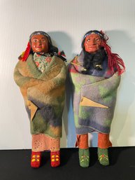 PR OF VINTAGE SKOOKUM 14 INCH NATIVE AMERICAN INDIAN DOLLS