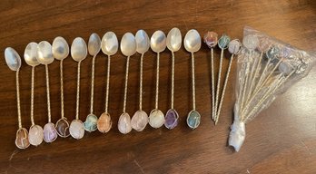 21 PC VINTAGE TWISTED SILVER TONE APPETIZER PICS AND COCKTAIL SPOONS WITH PRECIOUS GEMSTONES