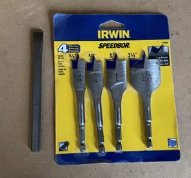 IRWIN 4 PC WOODBORING SPADE DRILL BIT SET AND 1/2 INCH FLAT CHISEL