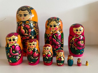 VINTAGE HAND PAINTED PINK FLORAL WOODEN 10 PC RUSSIAN NESTING DOLL