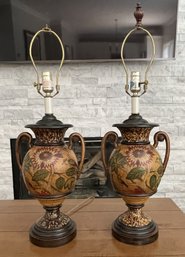 PR OF HAND PAINTED FLORAL URN LAMPS