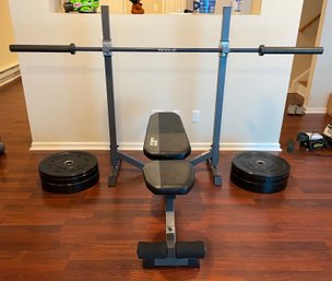 FITNESS GEAR STANDARD BENCH PRESS SET WITH ROGUE BARBELL AND WEIGHTS