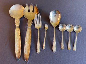 ASSORTED 8 PC COLLECTION OF ANTIQUE AND VINTAGE SILVER PLATED FLATWARE