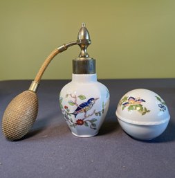 VINTAGE PAIR OF AYNSLEY ENGLISH BONE CHINA PERFUME ATOMIZER AND TRINKET EGG DISH WITH LID