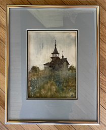 OLD WOODEN CHURCH WATERCOLOR PAINTING SIGNED WAUGH