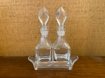 VINTAGE OIL AND VINEGAR CUT GLASS DECANTER WITH GLASS TRAY