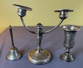 ANTIQUE STERLING SILVER CANDELABRA, KIDDUSH CUP AND BELL