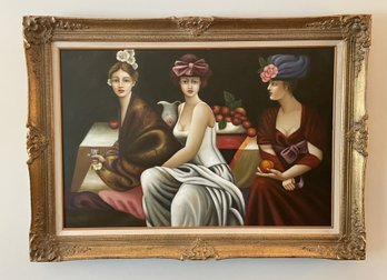 FRAMED OIL ON CANVAS '3 SEATED WOMEN'