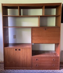 MCM WALNUT WALL UNIT WITH FOLD DOWN CABINET-BAR SECTION