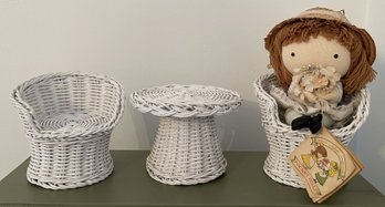 VINTAGE 3 PC MINIATURE WHITE WICKER TABLE AND CHAIRS