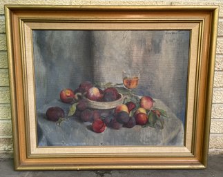 FRAMED OIL CANVAS FRUIT PORTRAIT SIGNED BY NAN WATSON