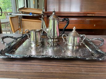 ANTIQUE SILVER PLATED TEA SET AND TRAY