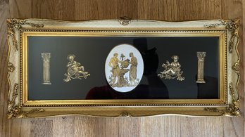 ANTIQUE GOLD GILT SHADOWBOX WITH WHITE AND GOLD PORCELAIN MEDALLION