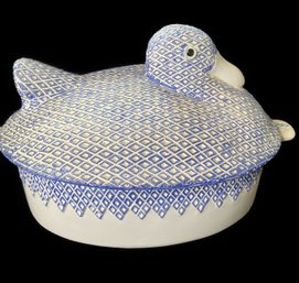 WHITTIER POTTERIES WHITE AND BLUE CERAMIC DUCK LIDDED CASSEROLE TUREEN