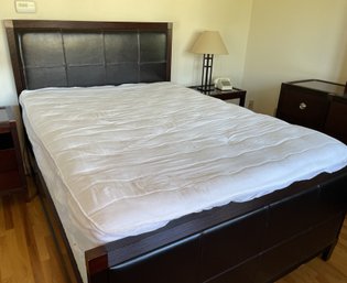 QUEEN SIZE BED WITH LEATHER PADDED HEADBOARD AND FOOT BOARD
