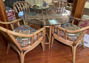 MCM ROUND GLASS TOP BAMBOO DINING TABLE AND 4 CHAIR SET