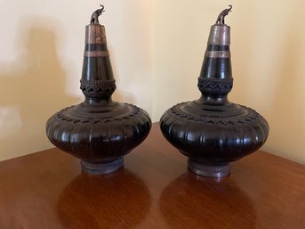 PR OF OTTOMAN TURKISH ROSEWATER BOTTLES WITH ELEPHANT FINIAL CAPS