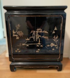 HAND PAINTED ORIENTAL BLACK LACQUER CABINET