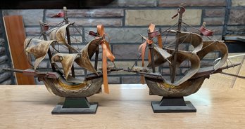 PAIR OF WOODEN MAYFLOWER BOAT SCULPTURES