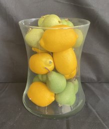 FLOWER GLASS VASE CENTERPIECE WITH FAUX LEMONS AND PEARS