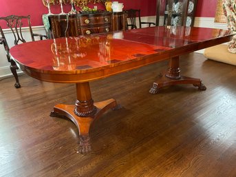 KINDEL NEOCLASSICAL BANDED MAHOGANY DOUBLE PEDESTAL DINING TABLE