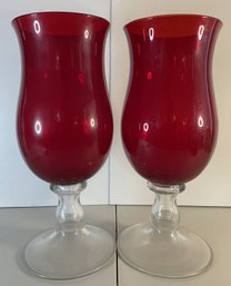 PAIR OF RED GLASS FOOTED HURRICANE VASE