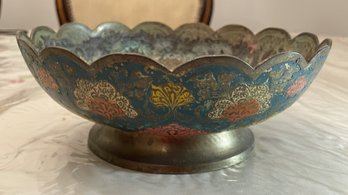 VINTAGE INDIAN ENAMEL AND SOLID BRASS HAND PAINTED BOWL