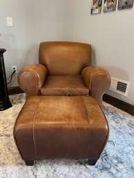 CONTEMPORARY LEATHER CLUB CHAIR AND OTTOMAN