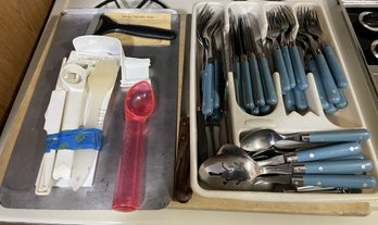 LIGHT BLUE KITCHEN UTENSILS SET WITH MISC. KITCHENWARE ITEMS