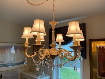 ANTIQUE WHITE 6 LIGHT CRYSTAL CHANDELIER WITH LINEN SHADES