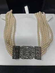 VINTAGE 16 INCH MARCASITE AND FAUX PEARL NECKLACE