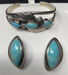 PR OF STERLING SILVER BARSE TURQUOISE CLIP-ON EARRINGS AND CUFF BRACELET