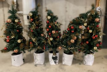 SET OF 5 MINIATURE POTTED FAUX PINE  CHRISTMAS TREES WITH ORNAMENTS AND LIGHTS