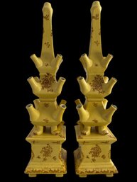 PAIR OF VINTAGE YELLOW GLAZED CERAMIC CHINOISERIE TULIPIERE FROM TOZAI HOME