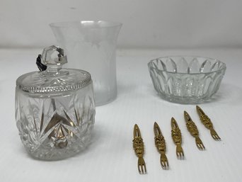 VINTAGE MINIATURE COCKTAIL FORKS, GLASS MISC BOWLS