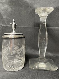 VINTAGE CLEAR GLASS CANDLESTICK HOLDER AND ANTIQUE ETCHED LIDDED CLEAR GLASS JAR