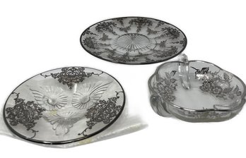 ANTIQUE SILVER OVERLAY GLASS DISHES SET OF 3