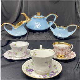 ASSORTED COLECTION OF FINE PORCELAIN AND GOLD RIMMED CUPS AND TEAPOTS