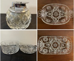 COLLECTION OF CLEAR CUT CRYSTAL TABLE LIGHTER AND SERVING DISHES