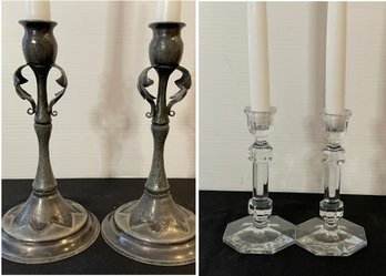 2 PRS OF PEWTER AND CRYSTAL CANDLESTICK HOLDERS