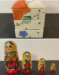 VINTAGE JAPANESE HAND PAINTED CERAMIC STACKING DISHES WITH LID AND RUSSIAN NESTING DOLLS