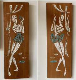 PR OF VINTAGE CARVED WOOD PANELS OF MCM BALLERINA IN WHITE AND TURQUOISE