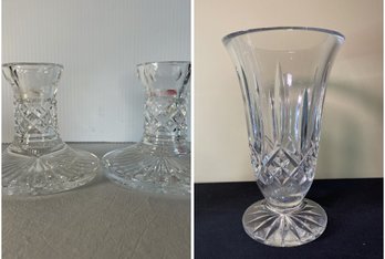 PR OF WATERFORD CRYSTAL LISMORE CANDLE HOLDERS AND VASE