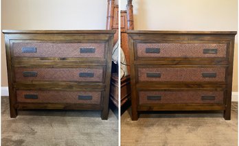 VINTAGE PAIR OF WALNUT AND RATTAN 3 DRAWER NIGHTSTANDS