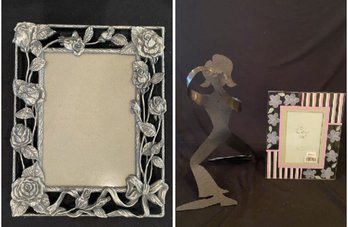 PAIR OF FLORAL PICTURE FRAME AND CAMERAMAN METAL SCULPTURE