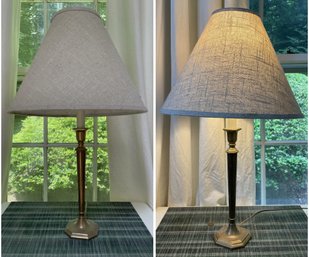 PR OF BRASS BASE TABLE LAMPS WITH OATMEAL LAMP SHADES
